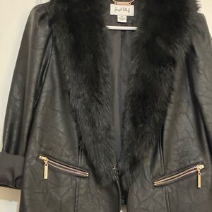 Joseph Ribkoff Black Leather Jacket with Faux Fur Trim